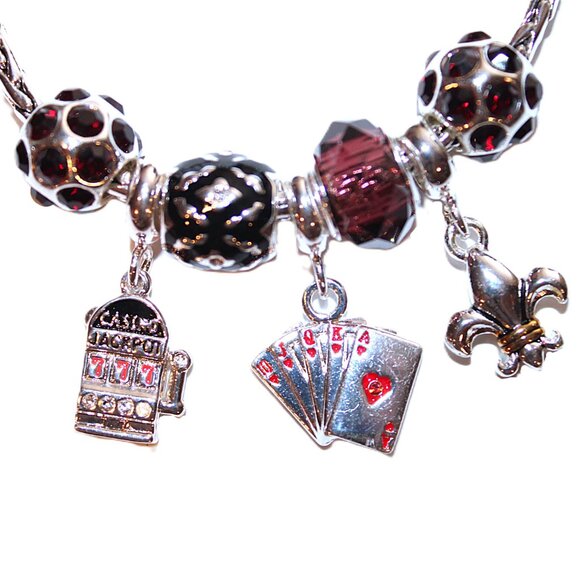 DaVinci Charm Bracelet 8" 7 Beads - Casino Cards Poker Gambling Garnet Red CZ - Picture 2 of 6